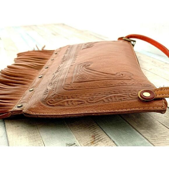 MADDALENA MARCONI ITALY TAN GENUINE LEATHER FRINGE SLIM SHOULDER BAG HANDBAG - Picture 8 of 12